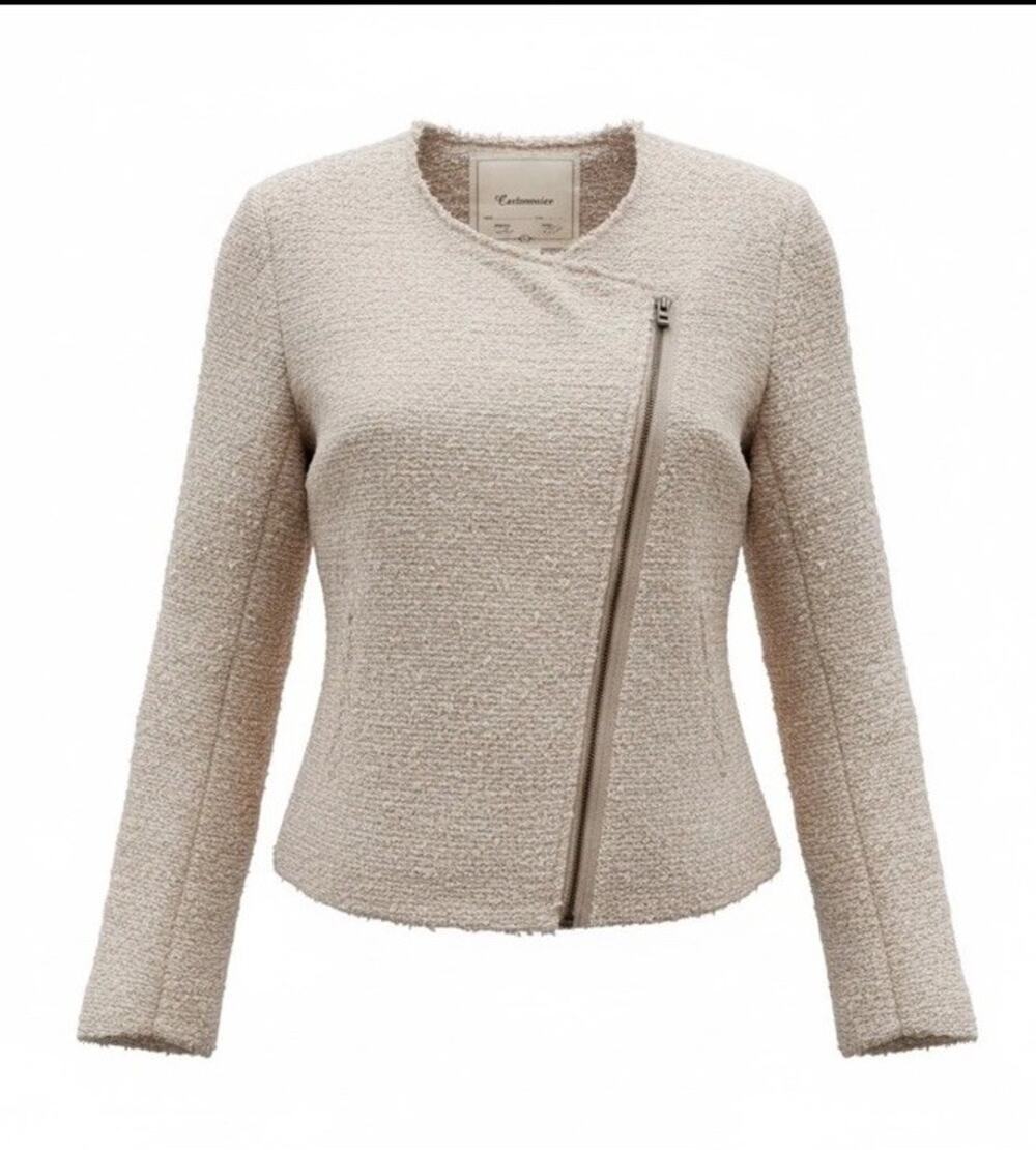 Cartonnier Anthropologie Women Size Large Knit Moto Jacket Beige Ecru Tweed Zip